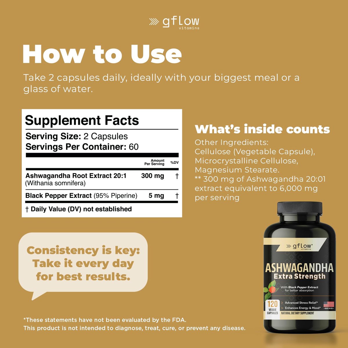 gflow vitamins Ashwagandha Nahrungsergänzungsmittel für Frauen und Männer | Schlaf-, Stimmungs- und Energieunterstützung | Extra stark, veganfreundlich, nicht genetisch verändert, hergestellt in den USA
