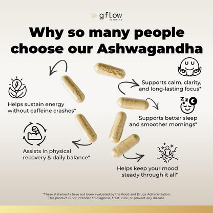 gflow vitamins Ashwagandha Nahrungsergänzungsmittel für Frauen und Männer | Schlaf-, Stimmungs- und Energieunterstützung | Extra stark, veganfreundlich, nicht genetisch verändert, hergestellt in den USA