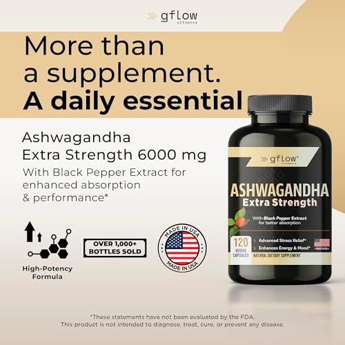 gflow vitamins Ashwagandha Nahrungsergänzungsmittel für Frauen und Männer | Schlaf-, Stimmungs- und Energieunterstützung | Extra stark, veganfreundlich, nicht genetisch verändert, hergestellt in den USA