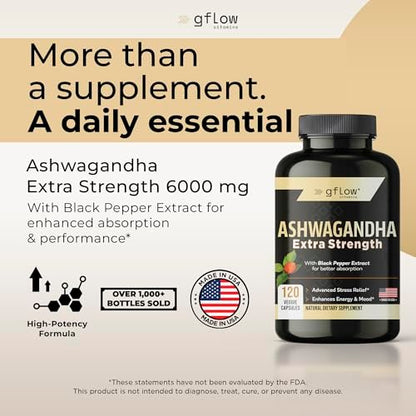 gflow vitamins Ashwagandha Nahrungsergänzungsmittel für Frauen und Männer | Schlaf-, Stimmungs- und Energieunterstützung | Extra stark, veganfreundlich, nicht genetisch verändert, hergestellt in den USA
