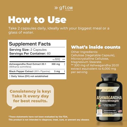 gflow vitamins Ashwagandha Nahrungsergänzungsmittel für Frauen und Männer | Schlaf-, Stimmungs- und Energieunterstützung | Extra stark, veganfreundlich, nicht genetisch verändert, hergestellt in den USA