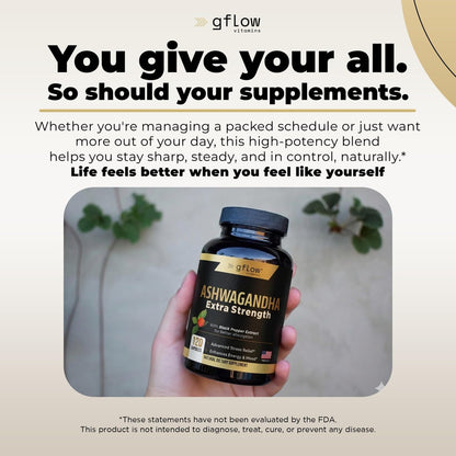 gflow vitamins Ashwagandha Nahrungsergänzungsmittel für Frauen und Männer | Schlaf-, Stimmungs- und Energieunterstützung | Extra stark, veganfreundlich, nicht genetisch verändert, hergestellt in den USA