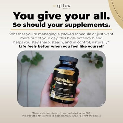 gflow vitamins Ashwagandha Nahrungsergänzungsmittel für Frauen und Männer | Schlaf-, Stimmungs- und Energieunterstützung | Extra stark, veganfreundlich, nicht genetisch verändert, hergestellt in den USA