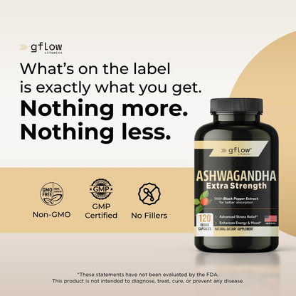 gflow vitamins Ashwagandha Nahrungsergänzungsmittel für Frauen und Männer | Schlaf-, Stimmungs- und Energieunterstützung | Extra stark, veganfreundlich, nicht genetisch verändert, hergestellt in den USA
