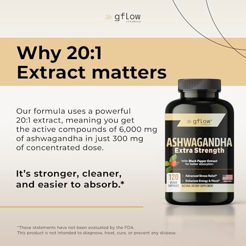 gflow vitamins Ashwagandha Nahrungsergänzungsmittel für Frauen und Männer | Schlaf-, Stimmungs- und Energieunterstützung | Extra stark, veganfreundlich, nicht genetisch verändert, hergestellt in den USA