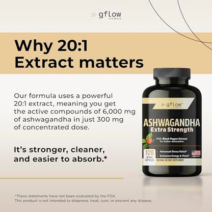 gflow vitamins Ashwagandha Nahrungsergänzungsmittel für Frauen und Männer | Schlaf-, Stimmungs- und Energieunterstützung | Extra stark, veganfreundlich, nicht genetisch verändert, hergestellt in den USA