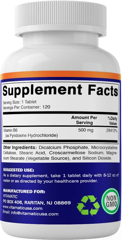 Vitamatic Vitamin B6 (Pyridoxin HCI), 500 mg – 120 vegane Tabletten für Energieproduktion, Stoffwechsel & Immunsystem