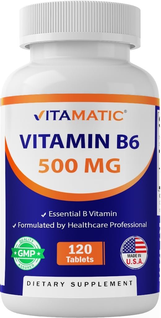 Vitamatic Vitamin B6 (Pyridoxin HCI), 500 mg – 120 vegane Tabletten für Energieproduktion, Stoffwechsel & Immunsystem