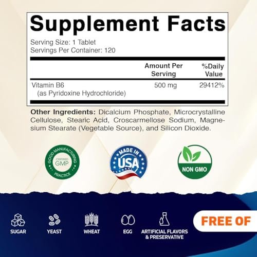 Vitamatic Vitamin B6 (Pyridoxin HCI), 500 mg – 120 vegane Tabletten für Energieproduktion, Stoffwechsel & Immunsystem