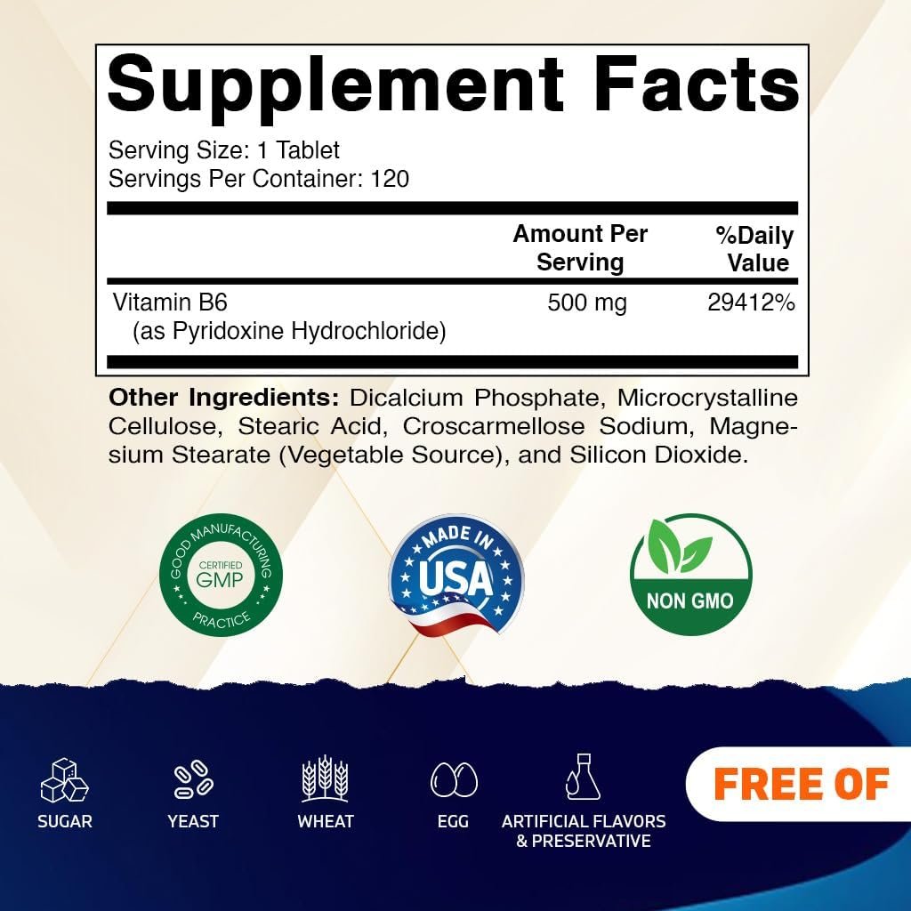 Vitamatic Vitamin B6 (Pyridoxin HCI), 500 mg – 120 vegane Tabletten für Energieproduktion, Stoffwechsel & Immunsystem