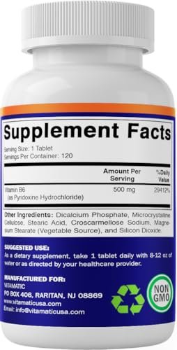 Vitamatic Vitamin B6 (Pyridoxin HCI), 500 mg – 120 vegane Tabletten für Energieproduktion, Stoffwechsel & Immunsystem