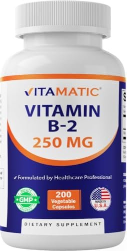Vitamatic Vitamin B2 (Riboflavin) 250 mg – 200 Kapseln zur Unterstützung der Zellenergie und der Bildung roter Blutkörperchen