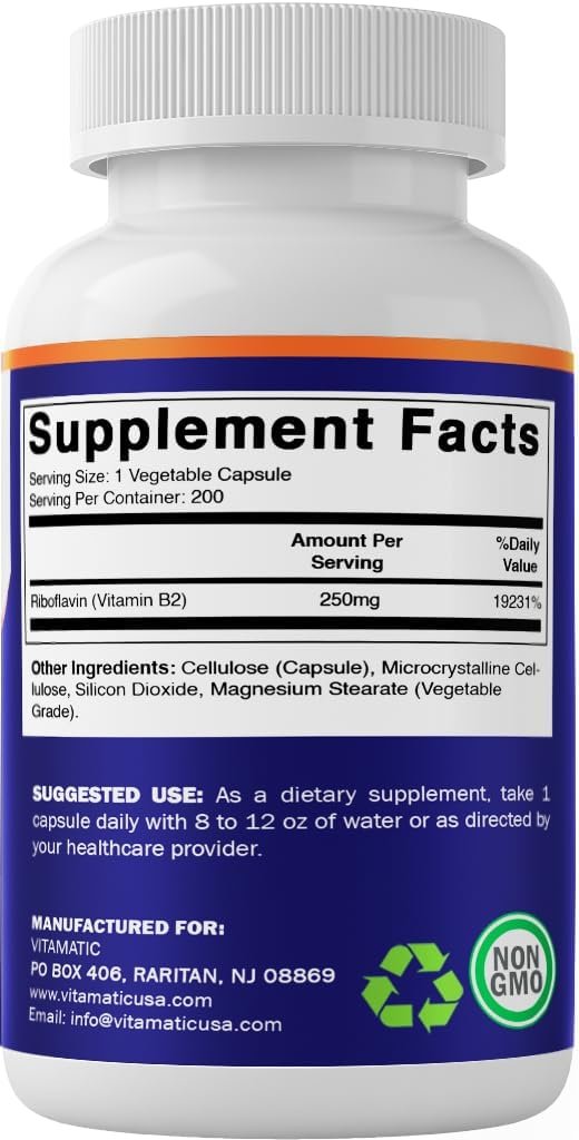 Vitamatic Vitamin B2 (Riboflavin) 250 mg – 200 Kapseln zur Unterstützung der Zellenergie und der Bildung roter Blutkörperchen