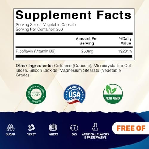 Vitamatic Vitamin B2 (Riboflavin) 250 mg – 200 Kapseln zur Unterstützung der Zellenergie und der Bildung roter Blutkörperchen