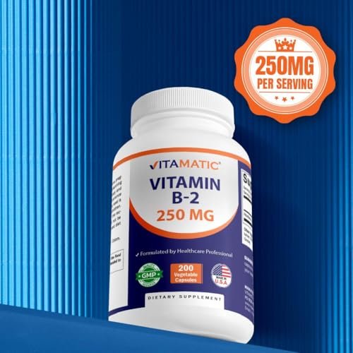 Vitamatic Vitamin B2 (Riboflavin) 250 mg – 200 Kapseln zur Unterstützung der Zellenergie und der Bildung roter Blutkörperchen