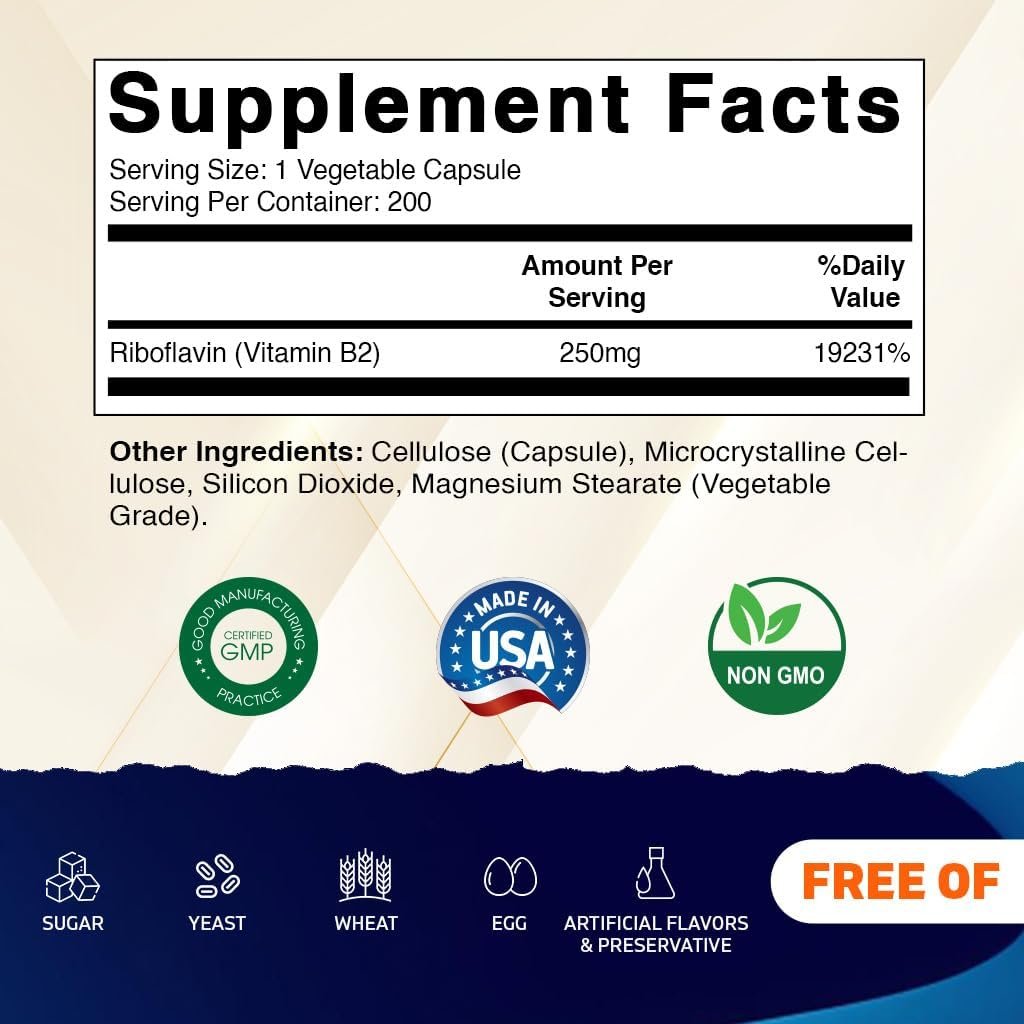 Vitamatic Vitamin B2 (Riboflavin) 250 mg – 200 Kapseln zur Unterstützung der Zellenergie und der Bildung roter Blutkörperchen