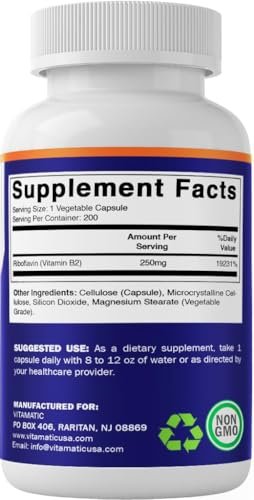 Vitamatic Vitamin B2 (Riboflavin) 250 mg – 200 Kapseln zur Unterstützung der Zellenergie und der Bildung roter Blutkörperchen