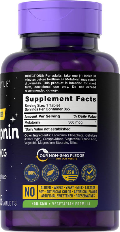 Carlyle Melatonin 300 mcg | 365 Tabletten | Niedrige Dosierung | Vegetarisch, Nicht-GVO, Glutenfrei