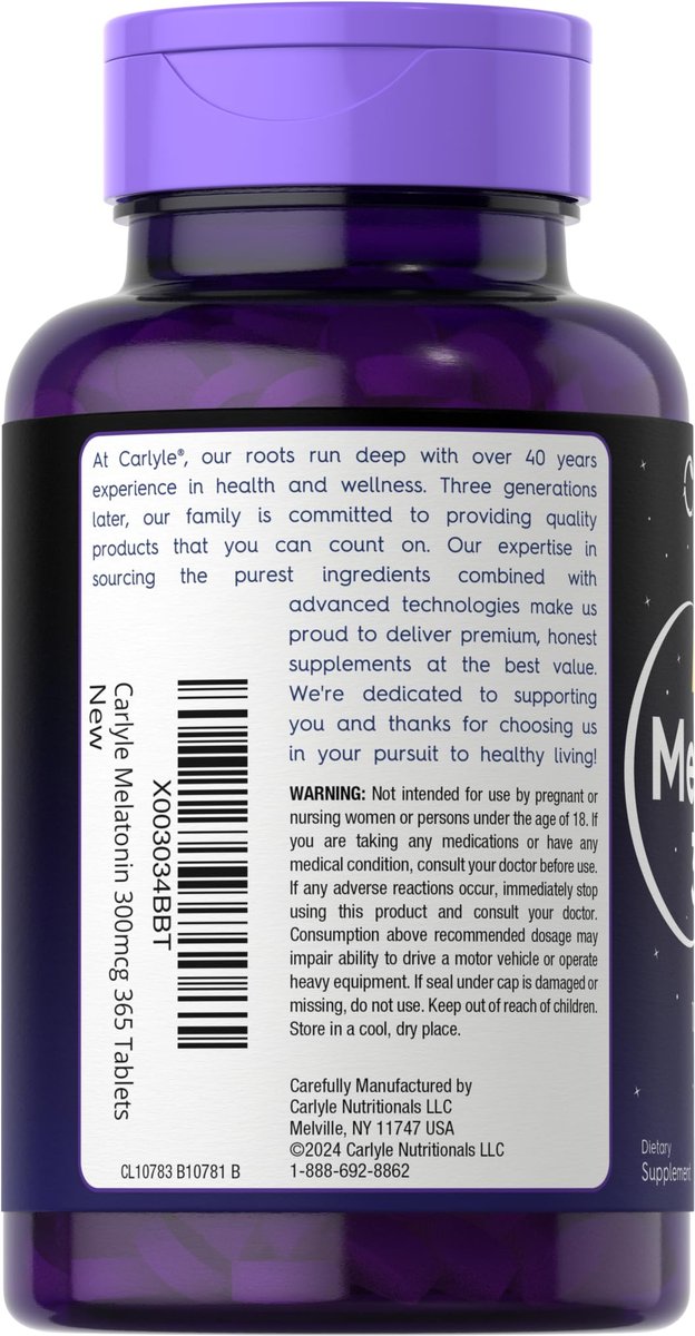 Carlyle Melatonin 300 mcg | 365 Tabletten | Niedrige Dosierung | Vegetarisch, Nicht-GVO, Glutenfrei