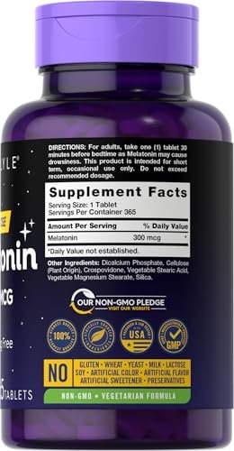 Carlyle Melatonin 300 mcg | 365 Tabletten | Niedrige Dosierung | Vegetarisch, Nicht-GVO, Glutenfrei