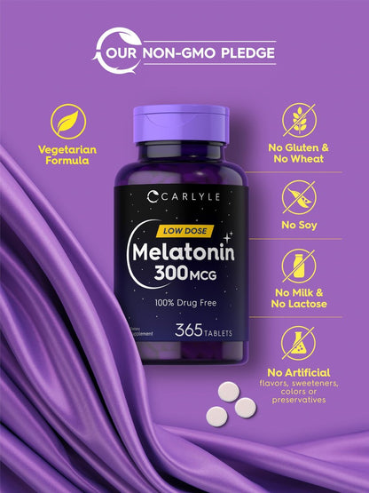 Carlyle Melatonin 300 mcg | 365 Tabletten | Niedrige Dosierung | Vegetarisch, Nicht-GVO, Glutenfrei