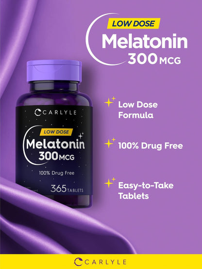 Carlyle Melatonin 300 mcg | 365 Tabletten | Niedrige Dosierung | Vegetarisch, Nicht-GVO, Glutenfrei
