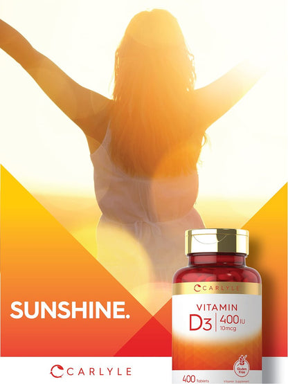 Carlyle Vitamin D3 400 IE (10 µg) | 400 Tabletten | Großpackung | Vegetarische, nicht gentechnisch veränderte und glutenfreie Formel | Vitamin-D-Ergänzung