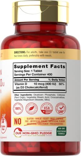 Carlyle Vitamin D3 400 IE (10 µg) | 400 Tabletten | Großpackung | Vegetarische, nicht gentechnisch veränderte und glutenfreie Formel | Vitamin-D-Ergänzung