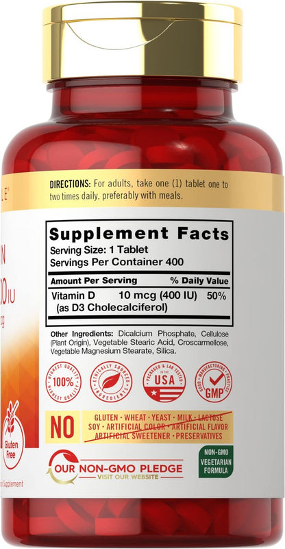 Carlyle Vitamin D3 400 IE (10 µg) | 400 Tabletten | Großpackung | Vegetarische, nicht gentechnisch veränderte und glutenfreie Formel | Vitamin-D-Ergänzung