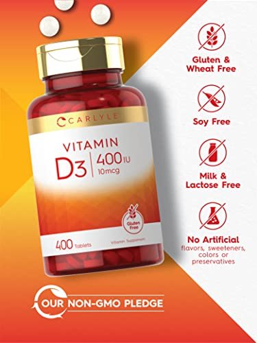 Carlyle Vitamin D3 400 IE (10 µg) | 400 Tabletten | Großpackung | Vegetarische, nicht gentechnisch veränderte und glutenfreie Formel | Vitamin-D-Ergänzung