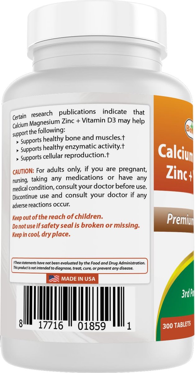 Best Naturals Calcium Magnesium Zink mit Vitamin D3, 300 Tabletten - Calcium 1000 mg, Magnesium 400 mg, Zink 25 mg & D3 600 IE pro Portion (3 Tabletten)