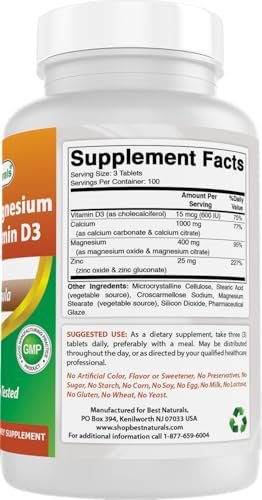 Best Naturals Calcium Magnesium Zink mit Vitamin D3, 300 Tabletten - Calcium 1000 mg, Magnesium 400 mg, Zink 25 mg & D3 600 IE pro Portion (3 Tabletten)