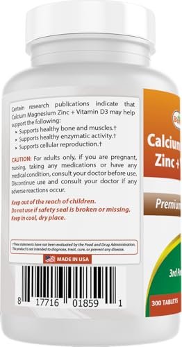 Best Naturals Calcium Magnesium Zink mit Vitamin D3, 300 Tabletten - Calcium 1000 mg, Magnesium 400 mg, Zink 25 mg & D3 600 IE pro Portion (3 Tabletten)