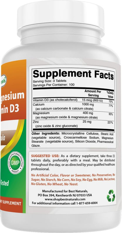 Best Naturals Calcium Magnesium Zink mit Vitamin D3, 300 Tabletten - Calcium 1000 mg, Magnesium 400 mg, Zink 25 mg & D3 600 IE pro Portion (3 Tabletten)