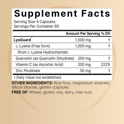 NatureBell L-Lysin 1.000 mg Kapseln + Quercetin 250 mg mit Vitamin C und Zink, 240 Stück | Freie Form Aminosäuren, L-Lysin Komplex | Non-GMO, Glutenfrei