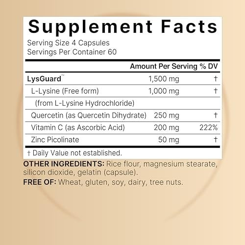 NatureBell L-Lysin 1.000 mg Kapseln + Quercetin 250 mg mit Vitamin C und Zink, 240 Stück | Freie Form Aminosäuren, L-Lysin Komplex | Non-GMO, Glutenfrei