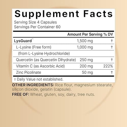 NatureBell L-Lysin 1.000 mg Kapseln + Quercetin 250 mg mit Vitamin C und Zink, 240 Stück | Freie Form Aminosäuren, L-Lysin Komplex | Non-GMO, Glutenfrei