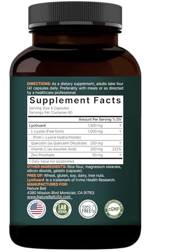 NatureBell L-Lysin 1.000 mg Kapseln + Quercetin 250 mg mit Vitamin C und Zink, 240 Stück | Freie Form Aminosäuren, L-Lysin Komplex | Non-GMO, Glutenfrei