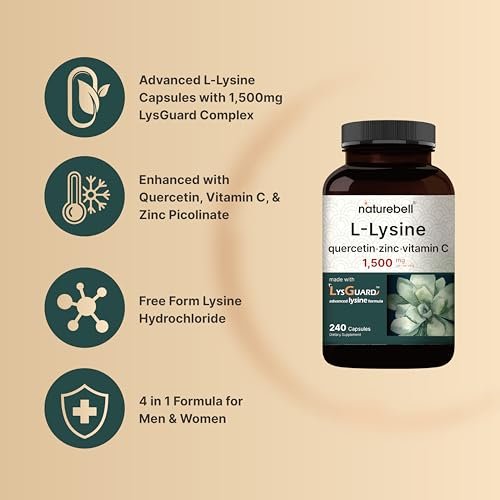 NatureBell L-Lysin 1.000 mg Kapseln + Quercetin 250 mg mit Vitamin C und Zink, 240 Stück | Freie Form Aminosäuren, L-Lysin Komplex | Non-GMO, Glutenfrei