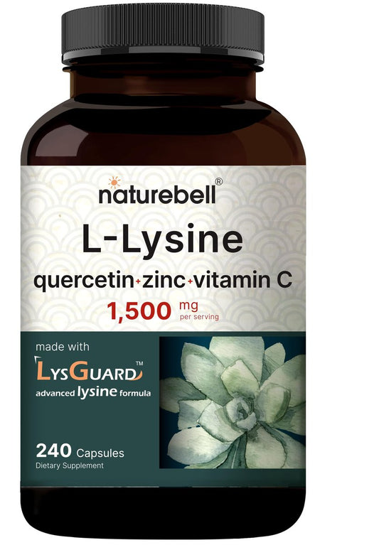 NatureBell L-Lysin 1.000 mg Kapseln + Quercetin 250 mg mit Vitamin C und Zink, 240 Stück | Freie Form Aminosäuren, L-Lysin Komplex | Non-GMO, Glutenfrei
