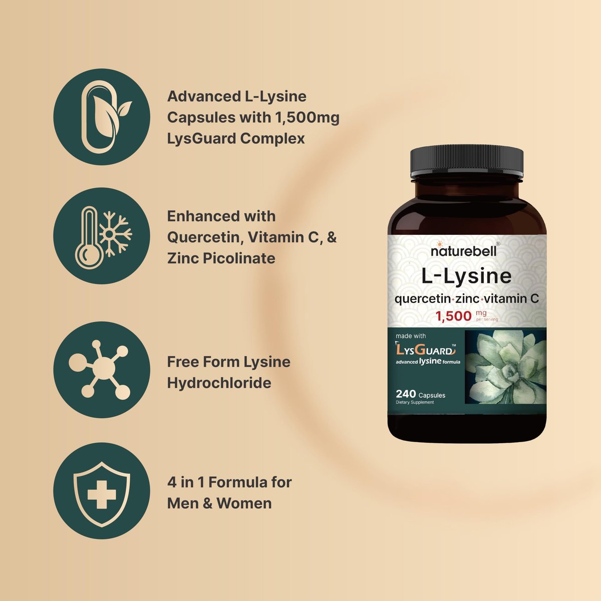 NatureBell L-Lysin 1.000 mg Kapseln + Quercetin 250 mg mit Vitamin C und Zink, 240 Stück | Freie Form Aminosäuren, L-Lysin Komplex | Non-GMO, Glutenfrei