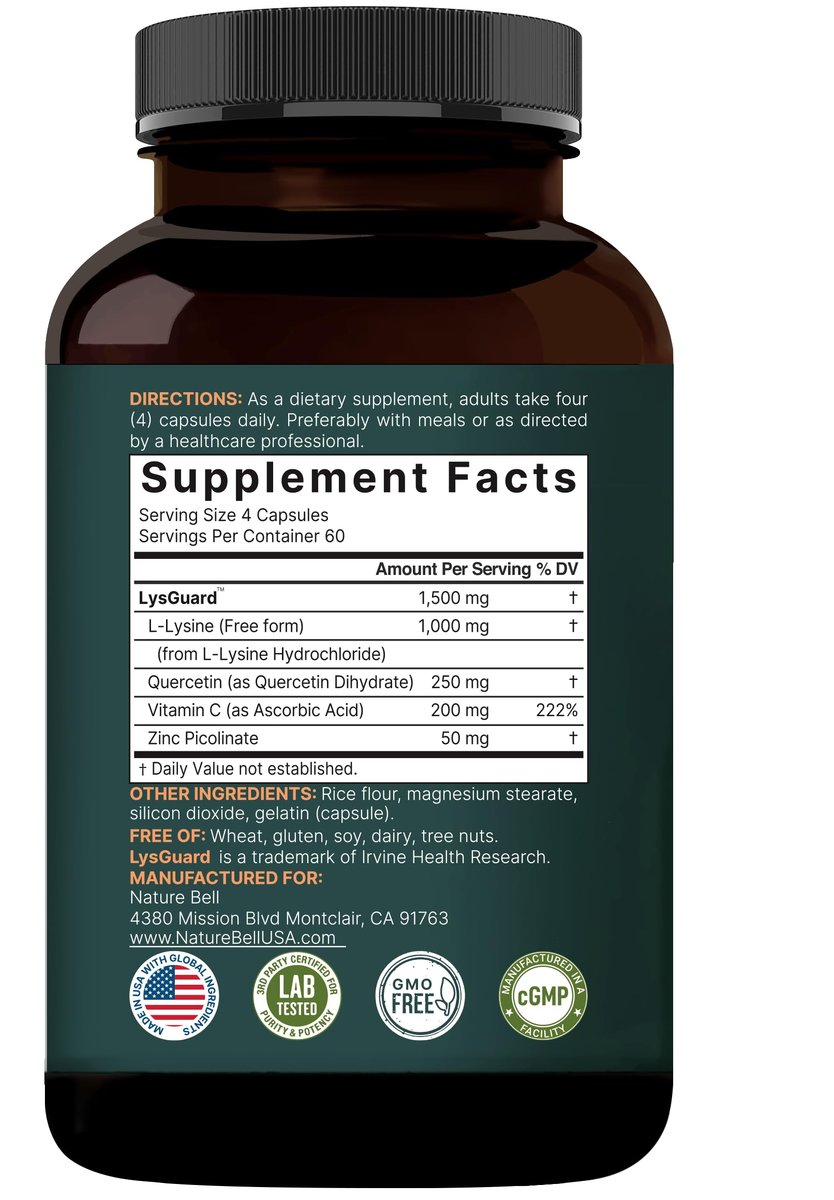NatureBell L-Lysin 1.000 mg Kapseln + Quercetin 250 mg mit Vitamin C und Zink, 240 Stück | Freie Form Aminosäuren, L-Lysin Komplex | Non-GMO, Glutenfrei