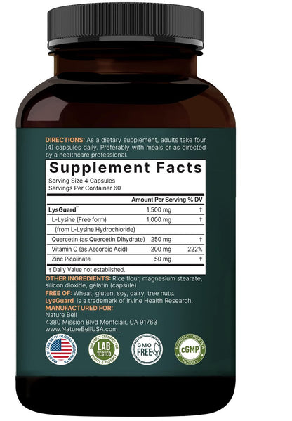 NatureBell L-Lysin 1.000 mg Kapseln + Quercetin 250 mg mit Vitamin C und Zink, 240 Stück | Freie Form Aminosäuren, L-Lysin Komplex | Non-GMO, Glutenfrei