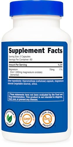 Nutricost Magnesium Orotate Kapseln 1000mg, 120 Kapseln - 60 Portionen, 500mg pro Kapsel, Non-GMO, Glutenfrei