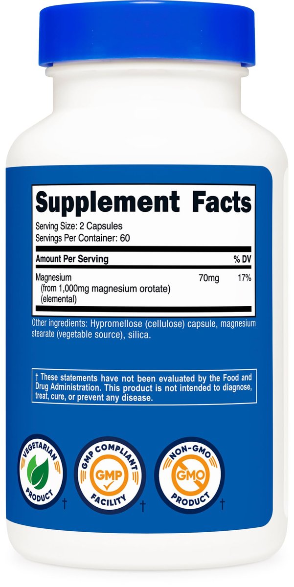 Nutricost Magnesium Orotate Kapseln 1000mg, 120 Kapseln - 60 Portionen, 500mg pro Kapsel, Non-GMO, Glutenfrei