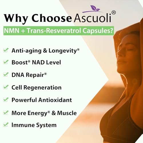 Ascuoli NMN 500mg + Trans-Resveratrol 600mg - 1150mg 3-in-1 Formel mit 99% Ultra-Purity, 60 Kapseln für NAD+, Zellen, Immunsystem, Energie & Muskeln, Gesunde Alterung