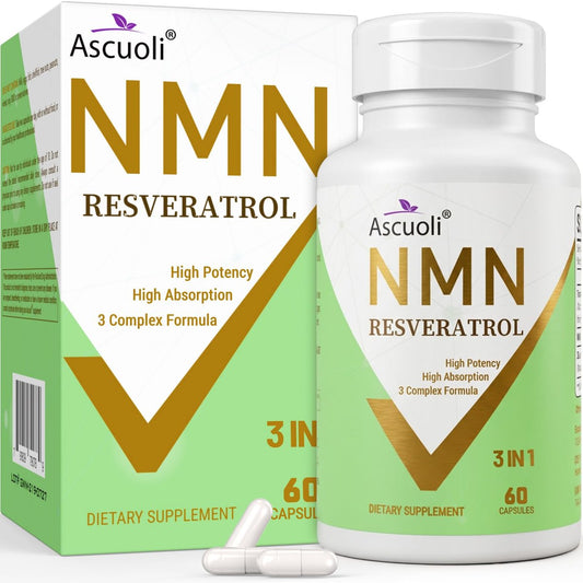 Ascuoli NMN 500mg + Trans-Resveratrol 600mg - 1150mg 3-in-1 Formel mit 99% Ultra-Purity, 60 Kapseln für NAD+, Zellen, Immunsystem, Energie & Muskeln, Gesunde Alterung
