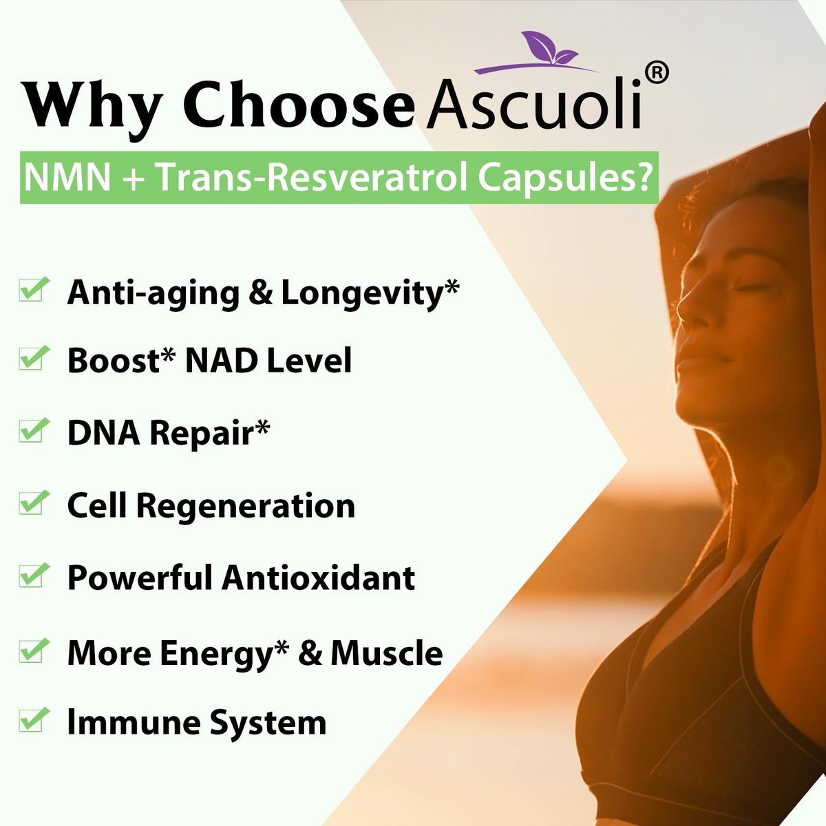 Ascuoli NMN 500mg + Trans-Resveratrol 600mg - 1150mg 3-in-1 Formel mit 99% Ultra-Purity, 60 Kapseln für NAD+, Zellen, Immunsystem, Energie & Muskeln, Gesunde Alterung