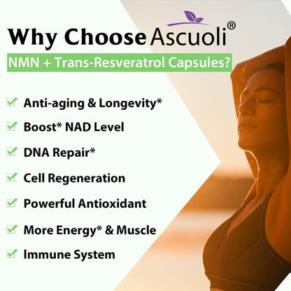 Ascuoli NMN 500mg + Trans-Resveratrol 600mg - 1150mg 3-in-1 Formel mit 99% Ultra-Purity, 60 Kapseln für NAD+, Zellen, Immunsystem, Energie & Muskeln, Gesunde Alterung