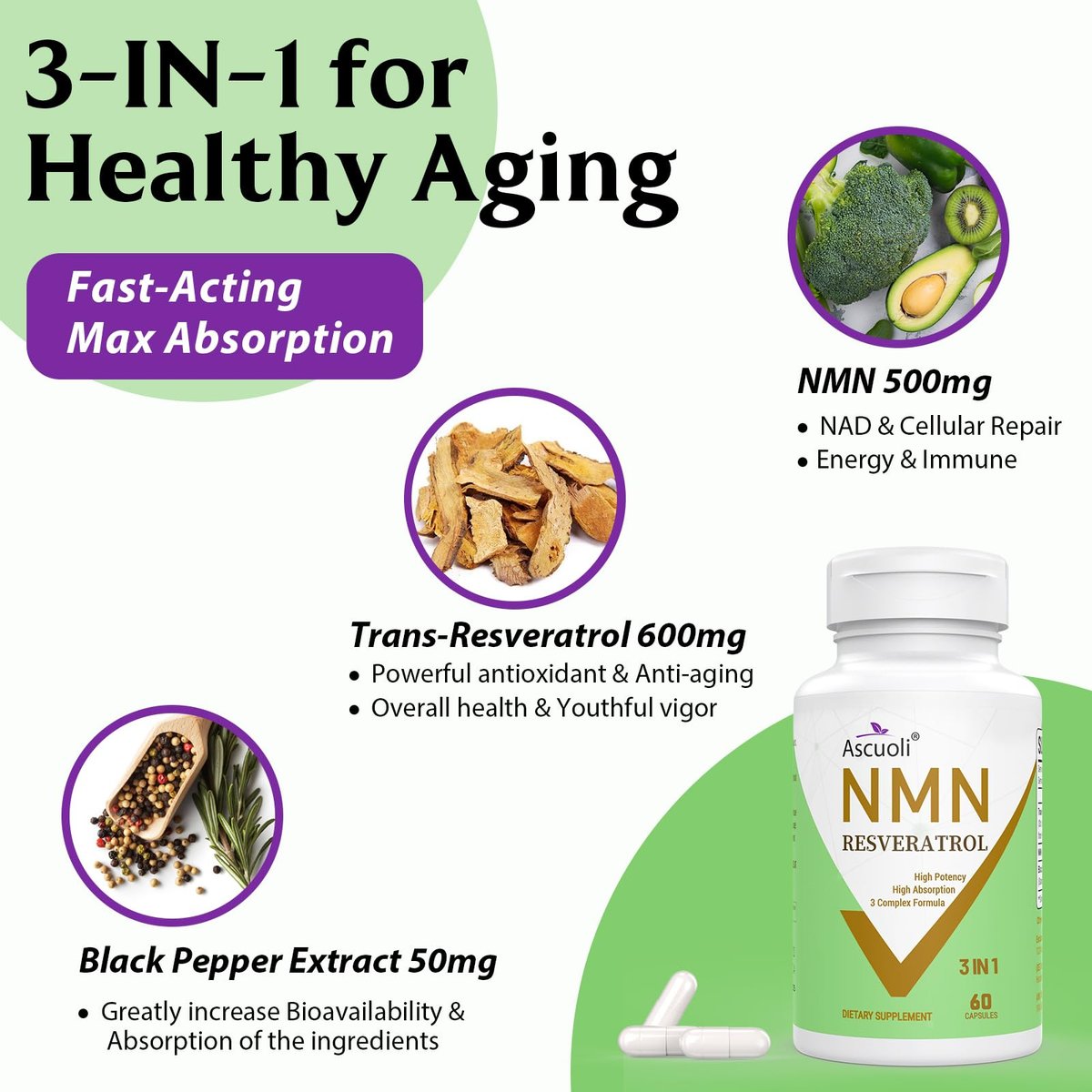 Ascuoli NMN 500mg + Trans-Resveratrol 600mg - 1150mg 3-in-1 Formel mit 99% Ultra-Purity, 60 Kapseln für NAD+, Zellen, Immunsystem, Energie & Muskeln, Gesunde Alterung